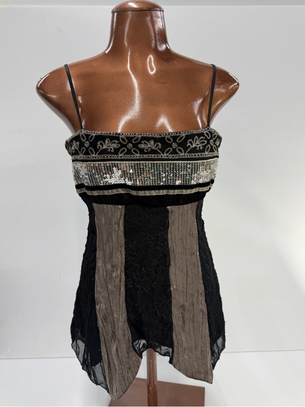 Meshki Beaded Lace Top M Y2K Indie Sleaze Sheer Party Goth